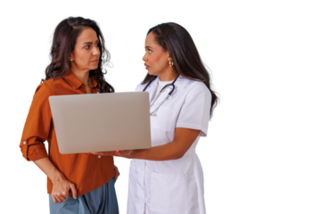 Doctor explaining health report to female patient using laptop, discussing medical results during a digital consultation