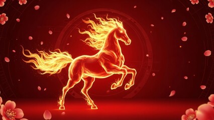 Illuminated fiery horse with glowing mane and tail in a mystical setting