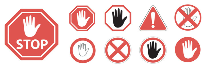 Obraz premium Diverse collection of red and white stop signs and warning symbols featuring hand gestures, representing prohibition, danger, and restricted access
