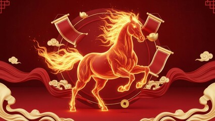 Majestic fiery horse surrounded by floating banners and mystical clouds in