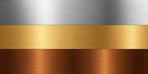 Silver, gold, and bronze metal textures on a background designed for layout and text placement, highlighting surface diversity