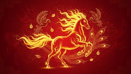 fiery mythical horse with flowing mane and flames amidst celestial elements