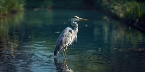 Fototapeta premium Heron perched among garden plants, illustrating avian presence in natural landscape