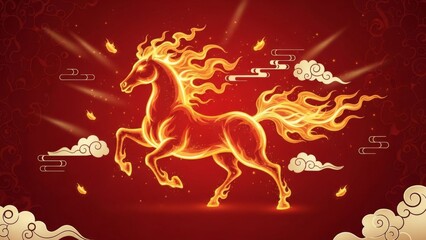 Mythical fiery horse engulfed in flames with swirling clouds in a red background