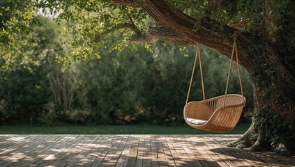 Obraz premium Old wooden terrace with wicker swing on a tree, rustic outdoor setting for relaxation, World Environment Day