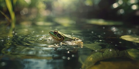 Male pool frog in a pond, highlighting amphibian adaptation to freshwater environments