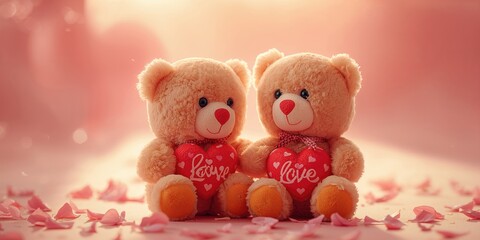 Fototapeta premium Pair of plush teddy bears placed on a soft surface, childhood innocence and emotional warmth