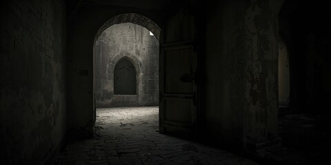 Fototapeta premium Dark corridor leading to a concrete archway, highlighting structural form and spatial depth