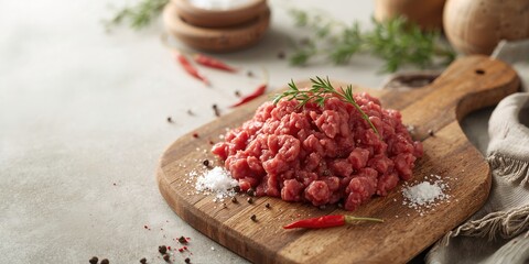 Raw ground beef with salt, pepper, chilli, and thyme on a white surface, flavoring techniques, International Meat Awareness Week