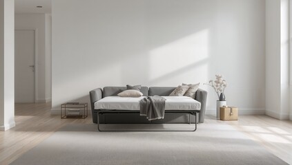 Contemporary sleeper sofa against a white wall, space efficiency in home furnishings, interior layout