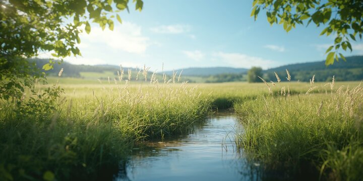 Rural summer scene featuring a flowing stream surrounded by tall grasses and lush foliage, emphasizing natural preservation