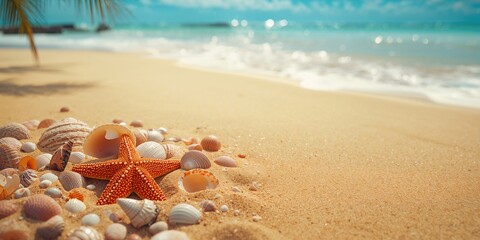 Obraz premium Starfish and shells on the beach, marine life elements for ocean-themed layout