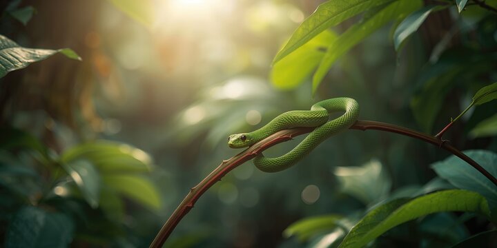 Green vine snake known as Ahaetulla nasuta, highlighting its slender body for agility in dense vegetation, Earth Day
