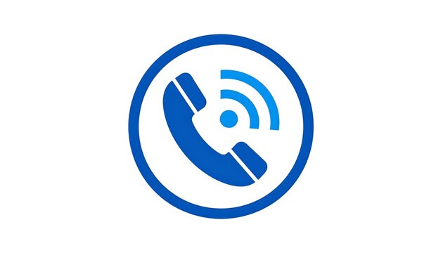 A blue telephone handset silhouette emitting sound waves inside a blue circle, set against a pristine white background