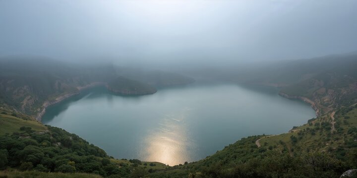 Nemrut Crater Lake with dense morning fog covering three lakes, natural erosion risk