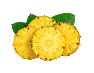 Sliced, juicy tropical fruit rings with green leaves arranged against a stark black background