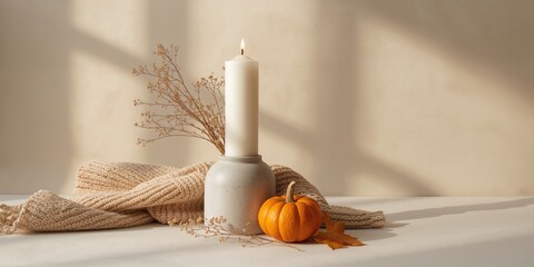 White candle in concrete vase with dried flowers and autumn leaf, seasonal decoration for Thanksgiving, fall awareness day