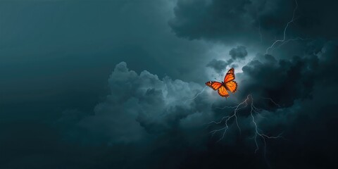 Print design featuring a butterfly against a storm cloud backdrop with lightning, resilience in turbulent conditions