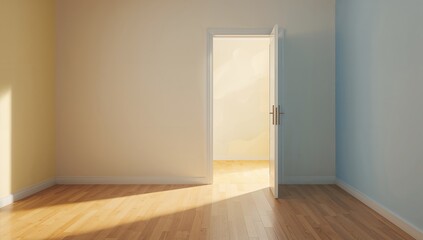 Open door in interior with yellow and blue accents, functioning as a layout backdrop in contemporary minimalist spaces, World Environment Day
