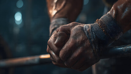 Ultra-realistic shot of athlete hands tightening wrist wraps before a heavy squat set under moody gym lighting