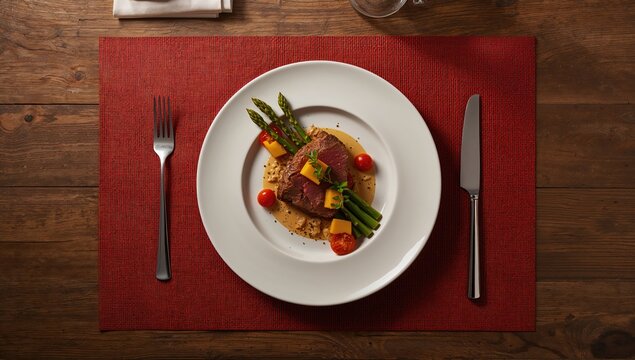 Beef fillet with mango tomatoes and asparagus plated on white dish, highlighting meal ingredients and presentation, International Nutrition Day