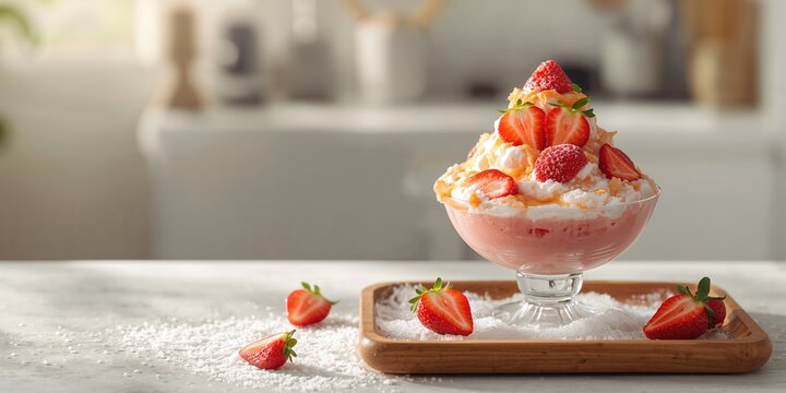 Strawberry bingsu served on a wooden tray, highlighting a cold dessert with fresh fruit, ideal for summer refreshment