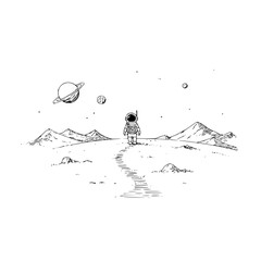 Astronaut standing on a desolate planet looking at space with planets and stars in the distance © Muhammad