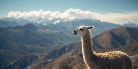Fototapeta premium Llama on a mountain slope, highlighting its use in high-altitude livestock management, World Animal Day