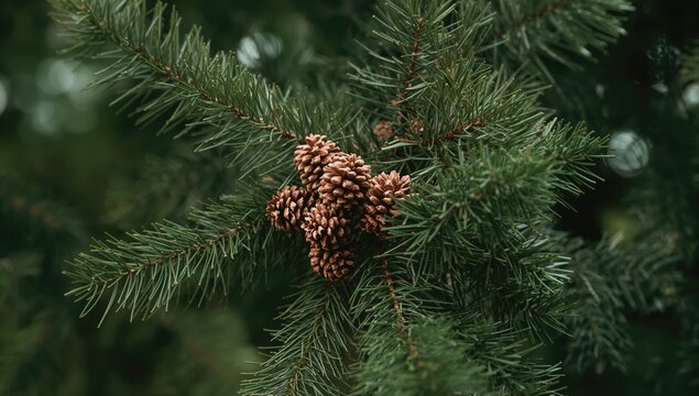 Evergreen tree branch with pine cones, designed for natural landscape textures