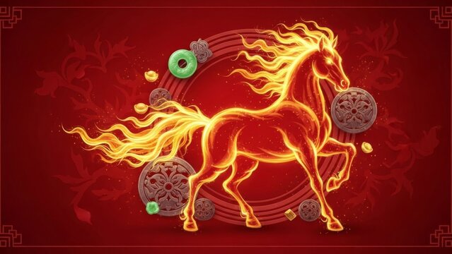dynamic fiery horse surrounded by mystical symbols in vibrant red background