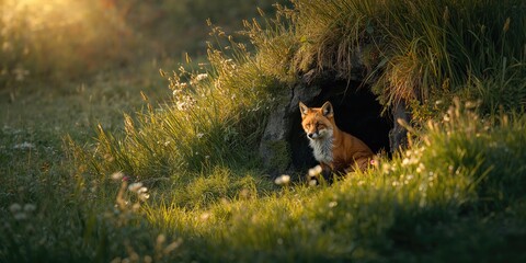 Fototapeta premium Juvenile fox outside a burrow, highlighting animal adaptation and denning, World Wildlife Day