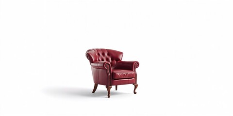 Obraz premium Classical armchair upholstered in dark red leather featuring wooden legs, suitable for living room setup