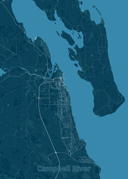 This image presents a detailed map of Campbell River, rendered in shades of blue. The map showcases the city's layout, including streets, waterways, and surrounding land features.