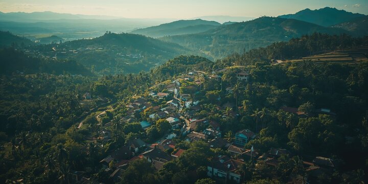 Bird's eye perspective of a rural settlement with houses and vegetation, suitable for layout design