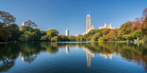 Obraz premium Trees and buildings reflecting on the lake at the pond in Central Park, urban landscape for environmental reflection