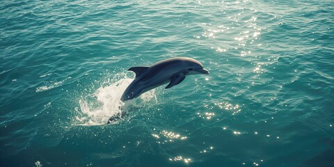 Obraz premium Wild dolphin breaching the seaâ€™s surface during free swimming, highlighting marine wildlife, Marine Awareness Day