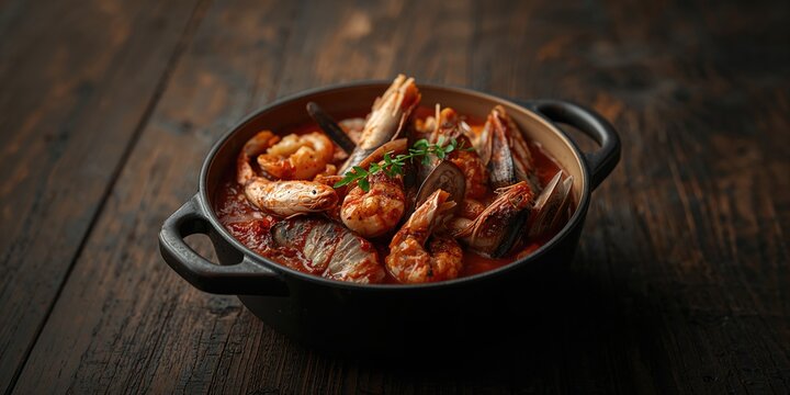 Spanish seafood dish featuring fish, prawns, and clams in a tomato-based sauce with garlic bread, designed for a hearty dinner