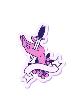 glitter effect animation of tattoo style sticker with banner of a dagger in the hand