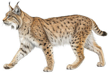 Naklejka premium A realistically rendered, tawny and speckled Eurasian lynx with dense fur and piercing amber eyes gracefully strides forward with a focused gaze, exhibiting a, isolated on transparent background.