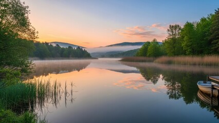 Serene Lake at Dawn: A tranquil lake, reflecting the soft hues of dawn. The peaceful atmosphere of nature and the gentle presence of trees adds to its beauty