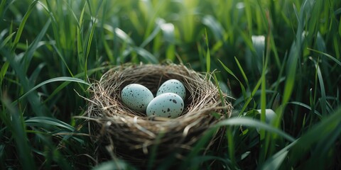 Obraz premium Robin's eggs in a nest, close-up of delicate blue eggs nestled among twigs, bird habitat preservation