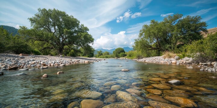 Water flowing over rounded rocks in a stream with large trees along the bank, natural erosion risk, Earth Day