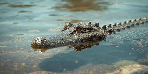 Fototapeta premium Crocodile's face emerging from water surface, showcasing natural hunting instincts, Earth Day