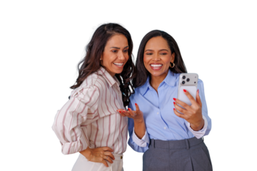 Two diverse businesswomen smiling, making a video call together on smartphone, collaborating remotely, transparent background