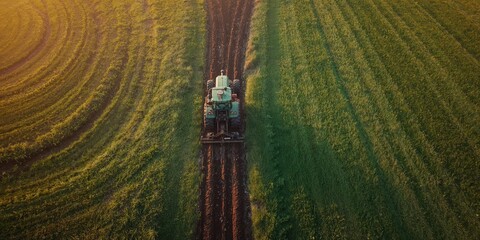 Aerial view of a tractor working on a grass field, efficiency in agricultural maintenance