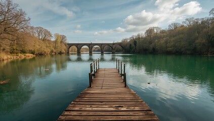 Obraz premium Recreational fishing spot at Carr Mill Dam adjacent to St Helens with Nineteen Arches bridge visible, outdoor activity