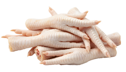 Heap of fresh raw chicken feet with clean skin texture ready for cooking isolated on a transparent background