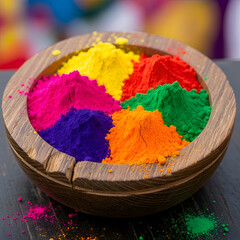 Vibrant Holi Colors: Gulal Powder in Wooden Bowl