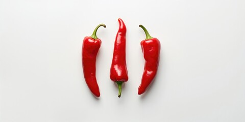 Four red hot peppers placed in a row on a white surface, illustrating fresh vegetable selection for cooking, National Vegetable Day