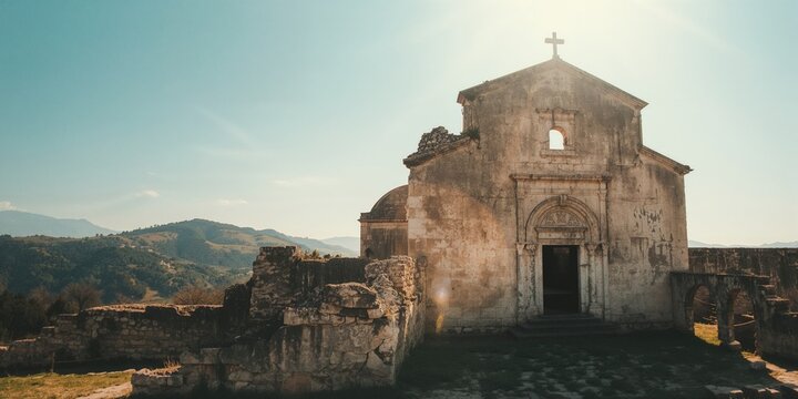 Ruins of the historic church in Karakoy, serving as a ghost town at Fethiye, Turkey, cultural heritage